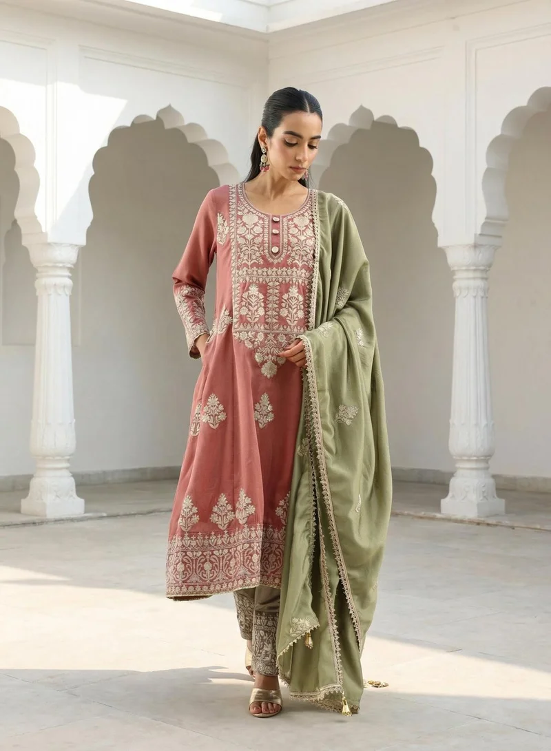 ISHIN  Rich Pink Vichitra Embroidered A Line Kurta sets with dupatta for Women | Best Price UAE